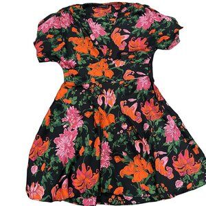 Zara Woman Black Floral Wrap Dress Size M With Vibrant Pink & Orange Flowers